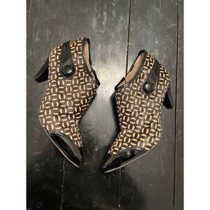 Geometric Calf Hair Ankle Boots Patent Leather Cap Toe Side Zip Booties Brown 8